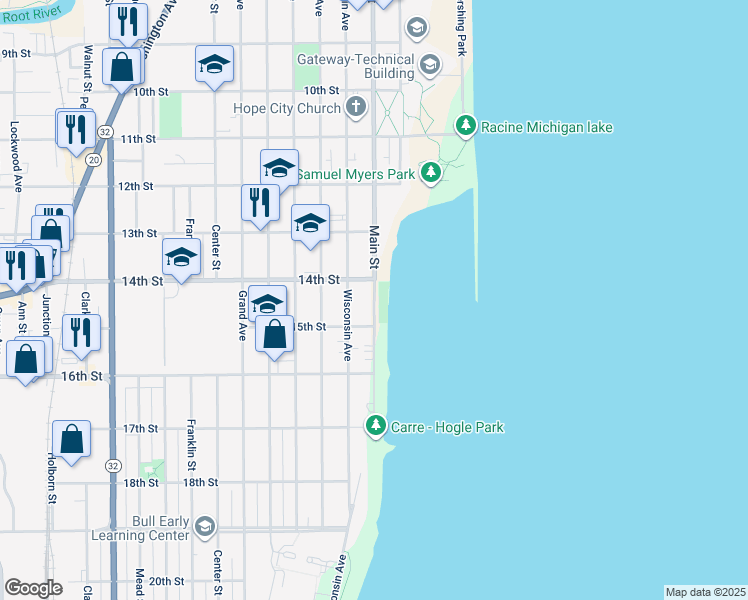 map of restaurants, bars, coffee shops, grocery stores, and more near 219 14th Street in Racine