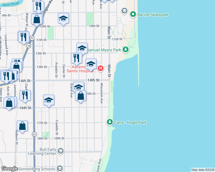 map of restaurants, bars, coffee shops, grocery stores, and more near 219 14th Street in Racine