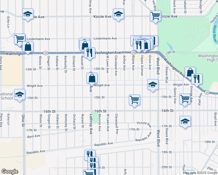 map of restaurants, bars, coffee shops, grocery stores, and more near 1355 West Lawn Avenue in Racine