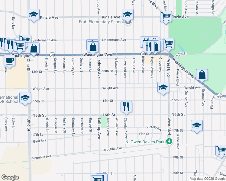 map of restaurants, bars, coffee shops, grocery stores, and more near 1355 West Lawn Avenue in Racine