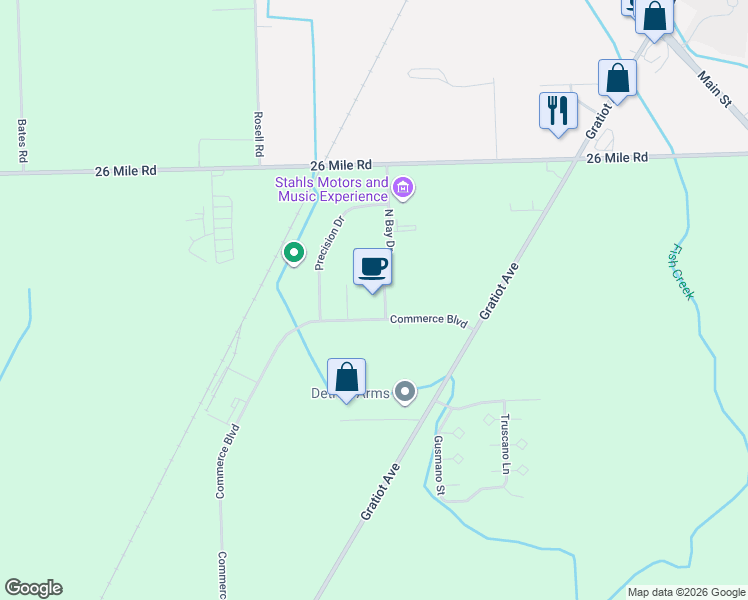 map of restaurants, bars, coffee shops, grocery stores, and more near 30301 Commerce Blvd in Macomb