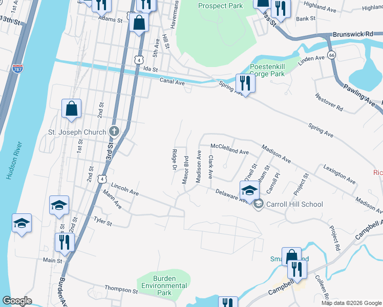 map of restaurants, bars, coffee shops, grocery stores, and more near 2 Marquis Court in Troy