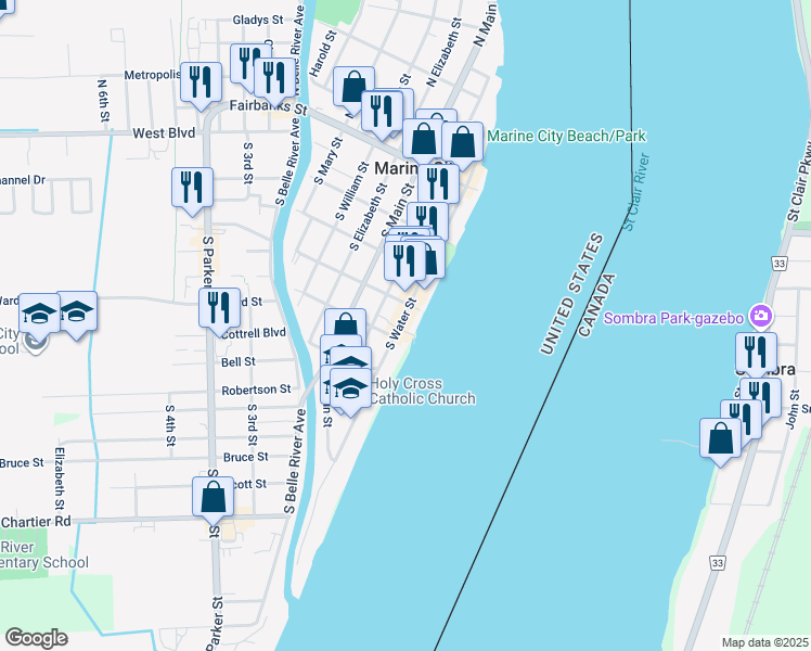 map of restaurants, bars, coffee shops, grocery stores, and more near 363 South Water Street in Marine City