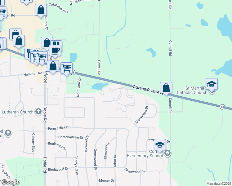 map of restaurants, bars, coffee shops, grocery stores, and more near 1445 East Pond Drive in Okemos