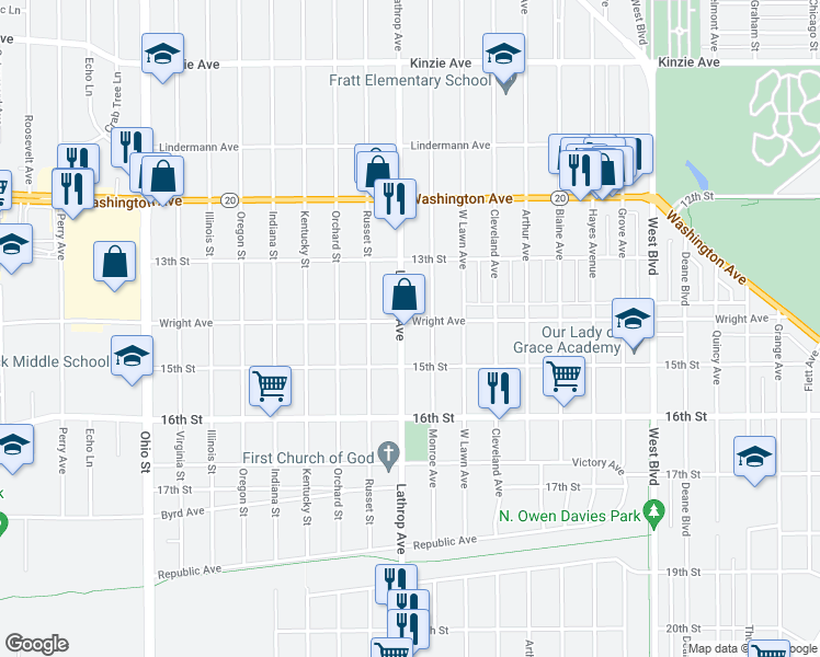 map of restaurants, bars, coffee shops, grocery stores, and more near 3823 Wright Avenue in Racine