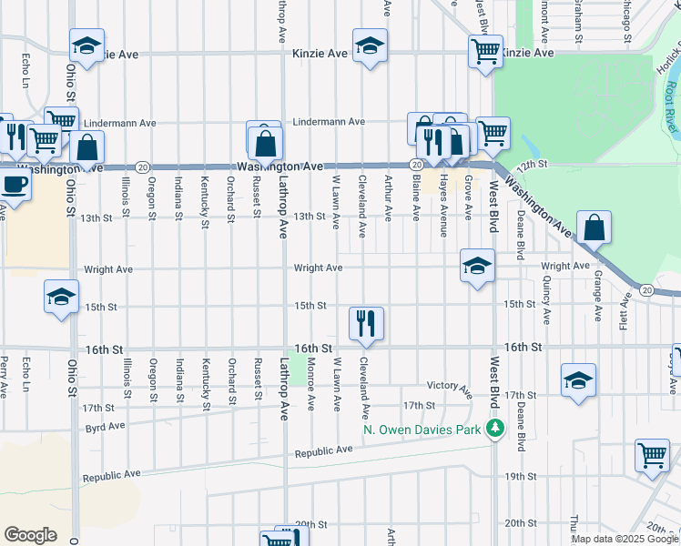 map of restaurants, bars, coffee shops, grocery stores, and more near 1355 West Lawn Avenue in Racine