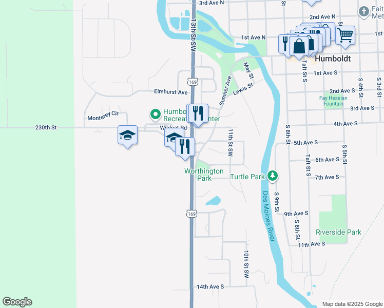 map of restaurants, bars, coffee shops, grocery stores, and more near 600 13th St S in Humboldt