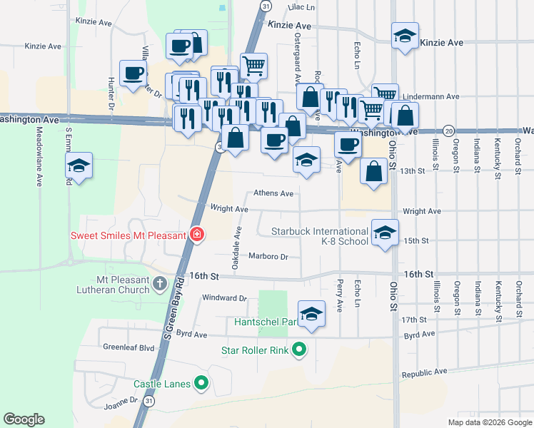 map of restaurants, bars, coffee shops, grocery stores, and more near 5226 Wright Avenue in Racine