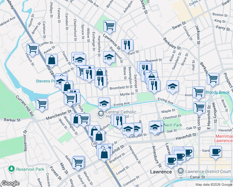 map of restaurants, bars, coffee shops, grocery stores, and more near 45 Bromfield Street in Lawrence