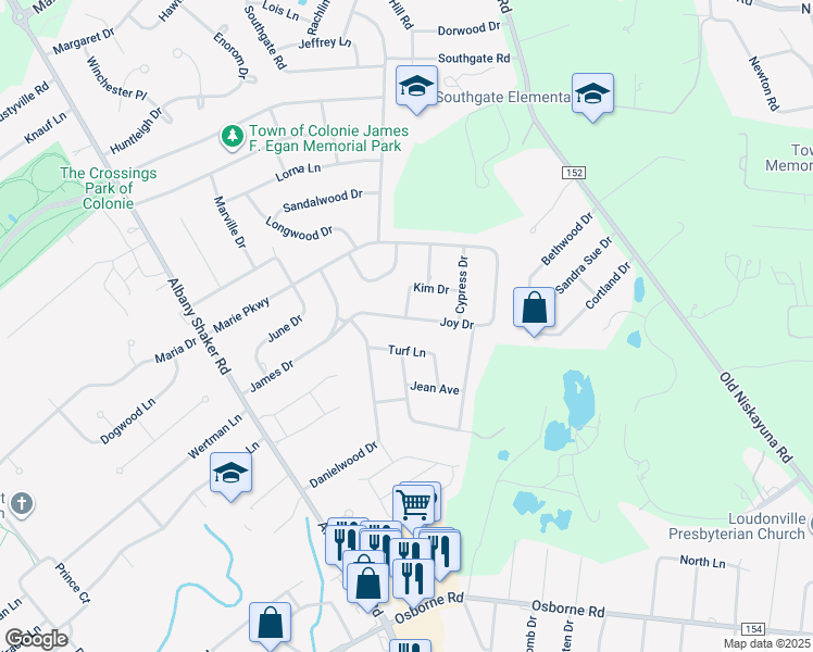 map of restaurants, bars, coffee shops, grocery stores, and more near 11 Joy Drive in Albany