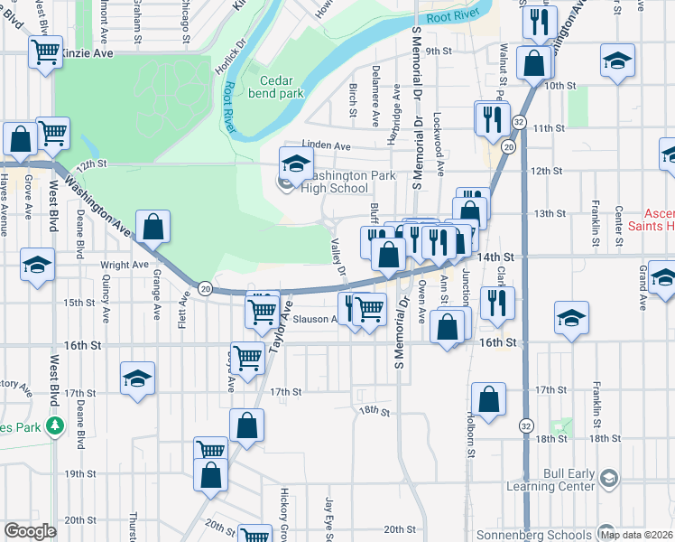 map of restaurants, bars, coffee shops, grocery stores, and more near 1901 Fairview Terrace in Racine