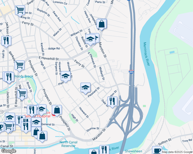 map of restaurants, bars, coffee shops, grocery stores, and more near 36 East Pleasant Street in Lawrence