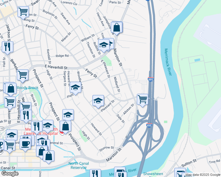 map of restaurants, bars, coffee shops, grocery stores, and more near 36 East Pleasant Street in Lawrence