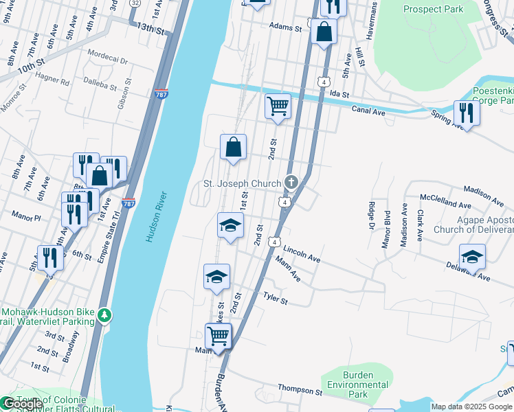 map of restaurants, bars, coffee shops, grocery stores, and more near 412 2nd Street in Troy