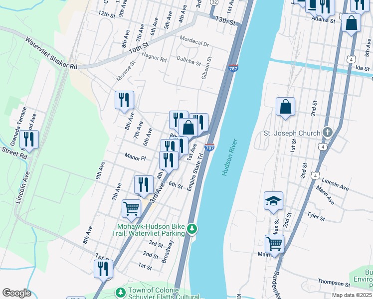 map of restaurants, bars, coffee shops, grocery stores, and more near 736 3rd Avenue in Watervliet