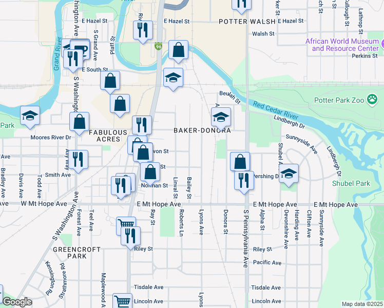 map of restaurants, bars, coffee shops, grocery stores, and more near 1530 Bailey Street in Lansing