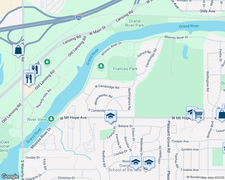 map of restaurants, bars, coffee shops, grocery stores, and more near 2826 North Cambridge Road in Lansing