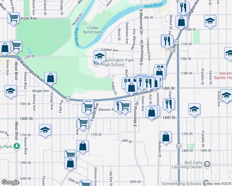 map of restaurants, bars, coffee shops, grocery stores, and more near 1901 Fairview Terrace in Racine