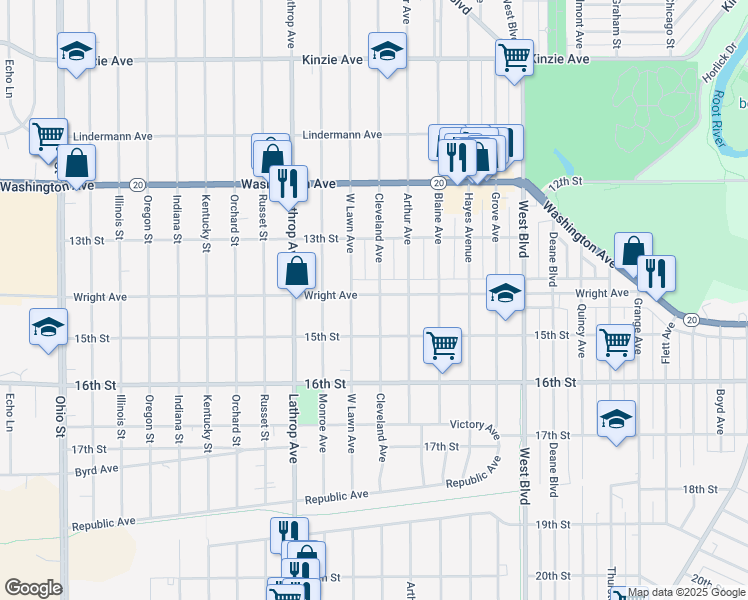 map of restaurants, bars, coffee shops, grocery stores, and more near 3516 Wright Avenue in Racine