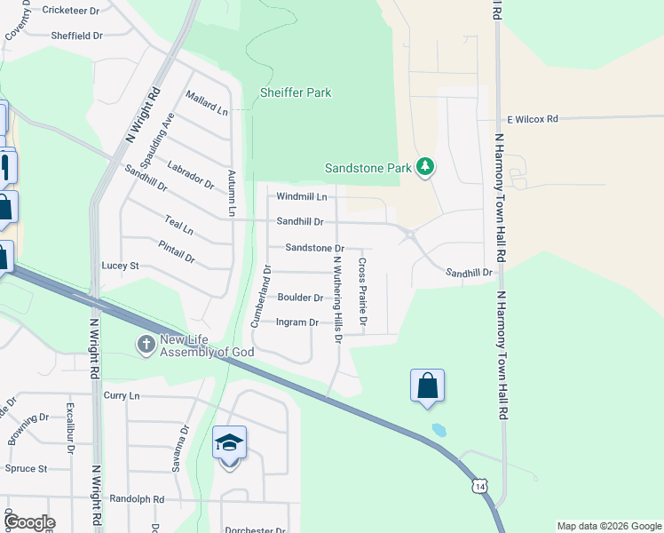 map of restaurants, bars, coffee shops, grocery stores, and more near 2716 North Wuthering Hills Drive in Janesville