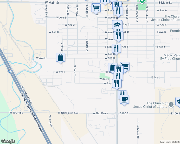 map of restaurants, bars, coffee shops, grocery stores, and more near 318 West Avenue I in Jerome