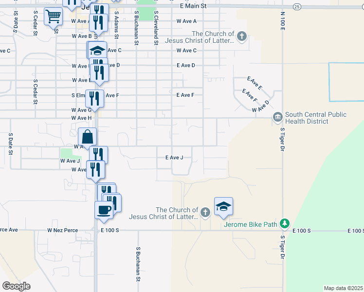 map of restaurants, bars, coffee shops, grocery stores, and more near 934 South Davis Street in Jerome