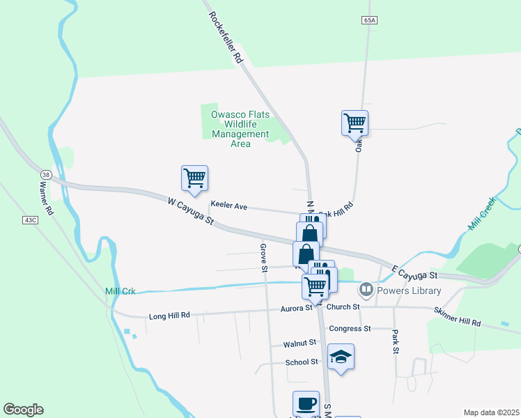 map of restaurants, bars, coffee shops, grocery stores, and more near Keeler Street in Moravia