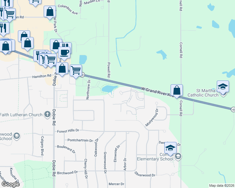 map of restaurants, bars, coffee shops, grocery stores, and more near 1457 East Pond Drive in Meridian charter Township