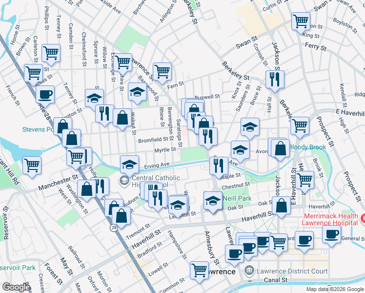 map of restaurants, bars, coffee shops, grocery stores, and more near 14 Bunkerhill Street in Lawrence