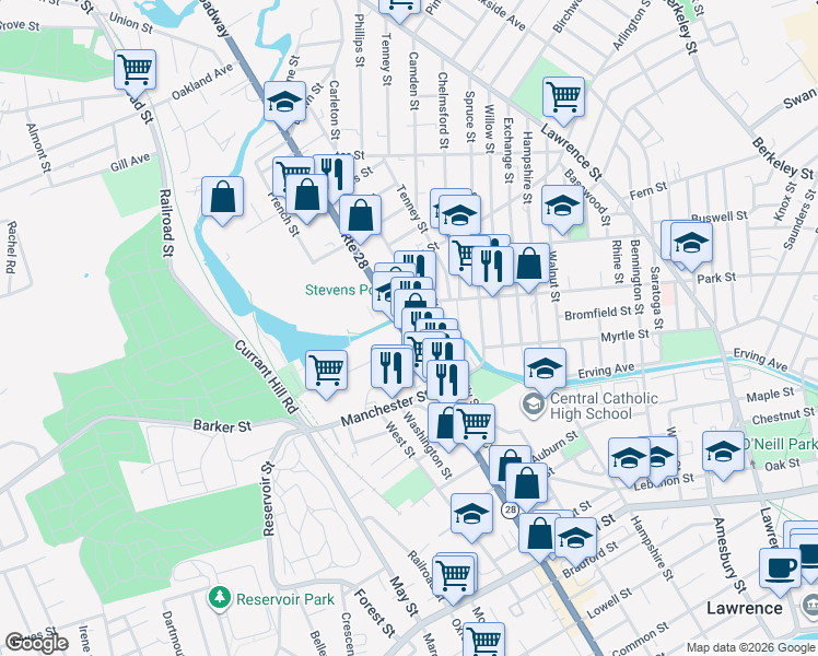 map of restaurants, bars, coffee shops, grocery stores, and more near in Lawrence