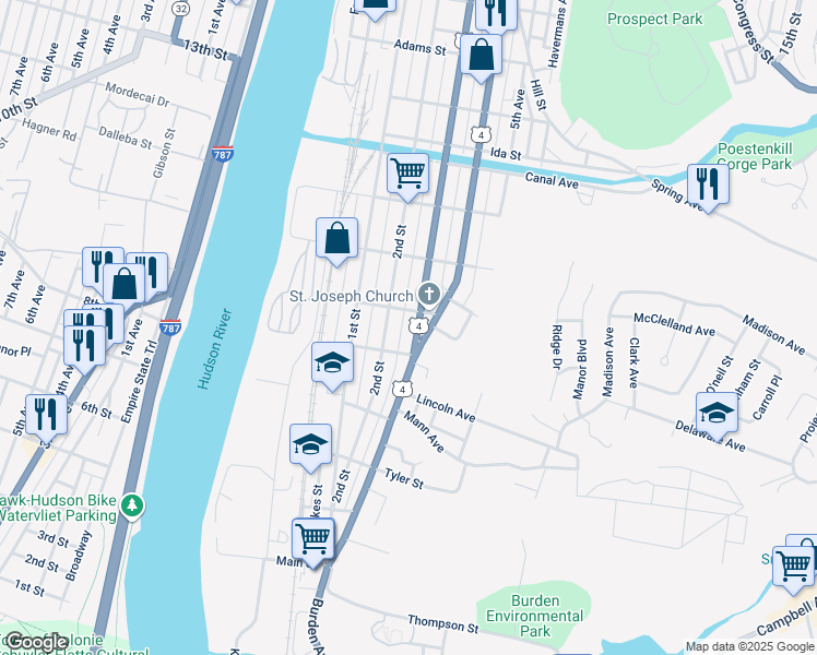 map of restaurants, bars, coffee shops, grocery stores, and more near 428 3rd Street in Troy