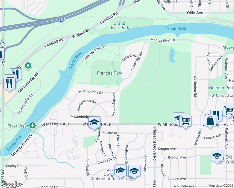 map of restaurants, bars, coffee shops, grocery stores, and more near 2730 North Cambridge Road in Lansing