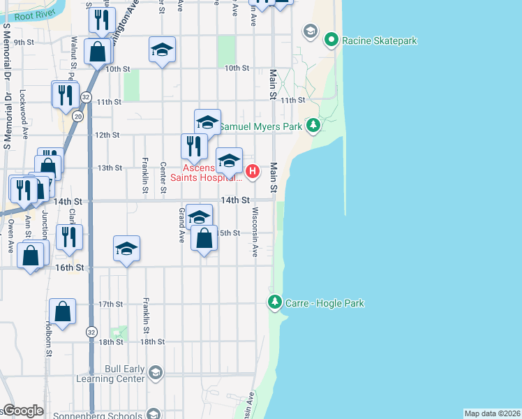 map of restaurants, bars, coffee shops, grocery stores, and more near 219 14th Street in Racine