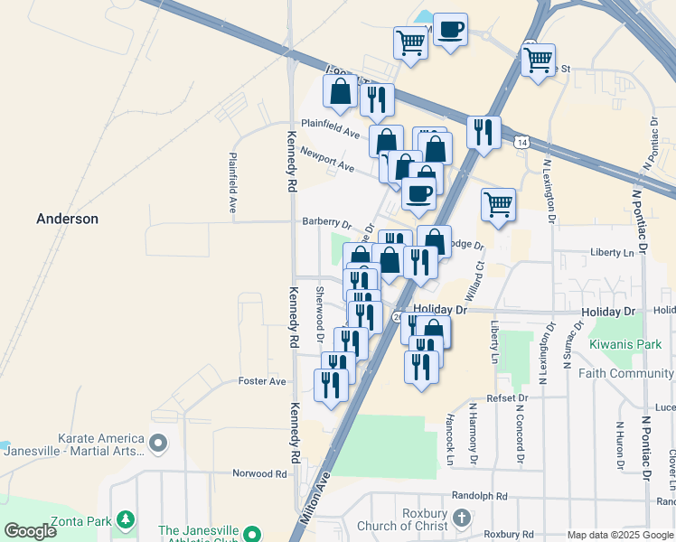 map of restaurants, bars, coffee shops, grocery stores, and more near 2713 Woodlane Drive in Janesville