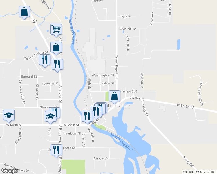 map of restaurants, bars, coffee shops, grocery stores, and more near 215 Paul Street in Middleville