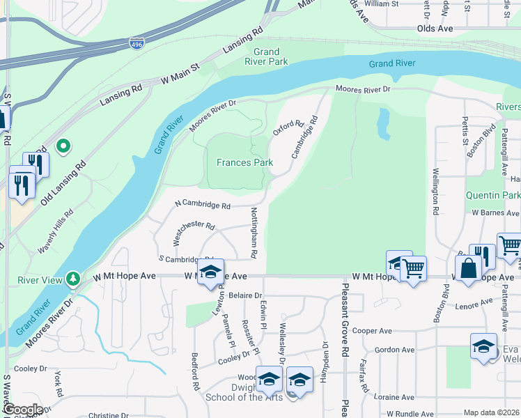 map of restaurants, bars, coffee shops, grocery stores, and more near 2730 North Cambridge Road in Lansing