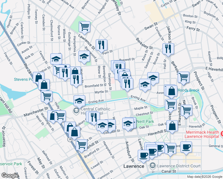 map of restaurants, bars, coffee shops, grocery stores, and more near 14 Bunkerhill Street in Lawrence