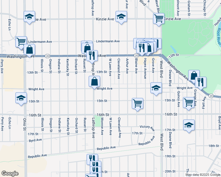 map of restaurants, bars, coffee shops, grocery stores, and more near 1401 West Lawn Avenue in Racine