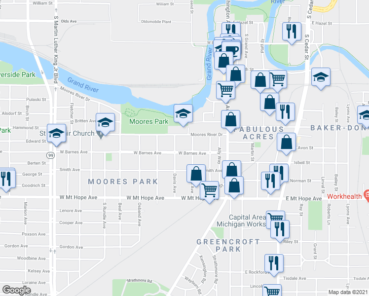 map of restaurants, bars, coffee shops, grocery stores, and more near 312 West Barnes Avenue in Lansing