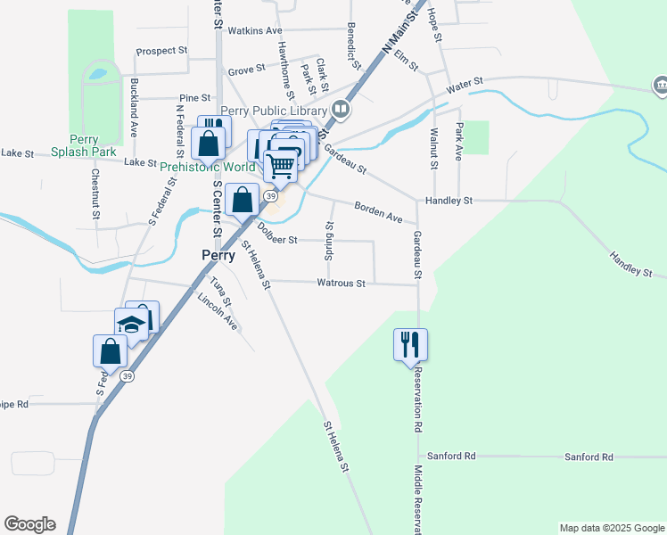 map of restaurants, bars, coffee shops, grocery stores, and more near 39 Spring Street in Perry