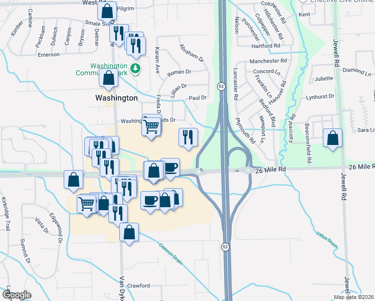 map of restaurants, bars, coffee shops, grocery stores, and more near 8583 26 Mile Road in Washington