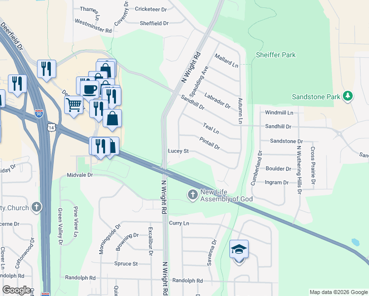 map of restaurants, bars, coffee shops, grocery stores, and more near 2708 Spaulding Avenue in Janesville
