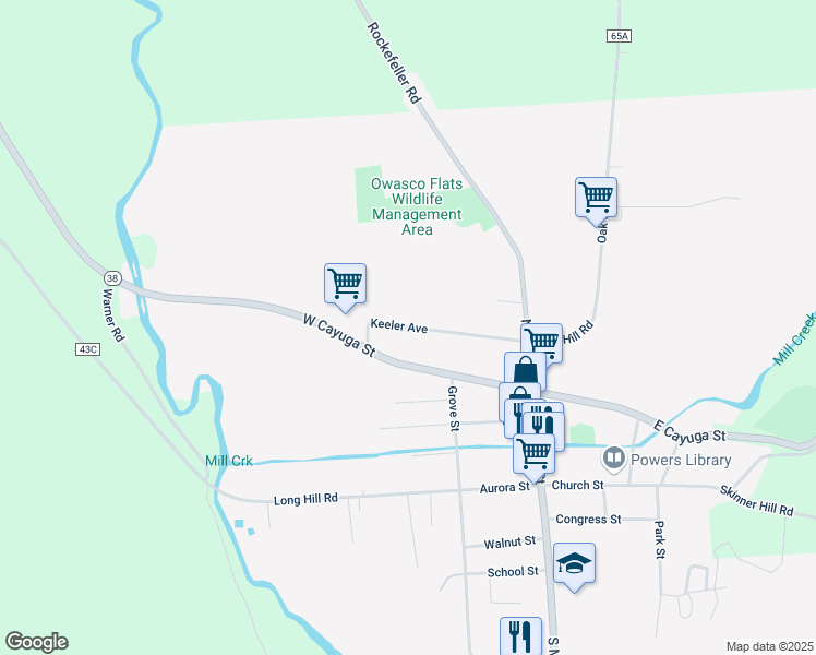 map of restaurants, bars, coffee shops, grocery stores, and more near Keeler Street in Moravia