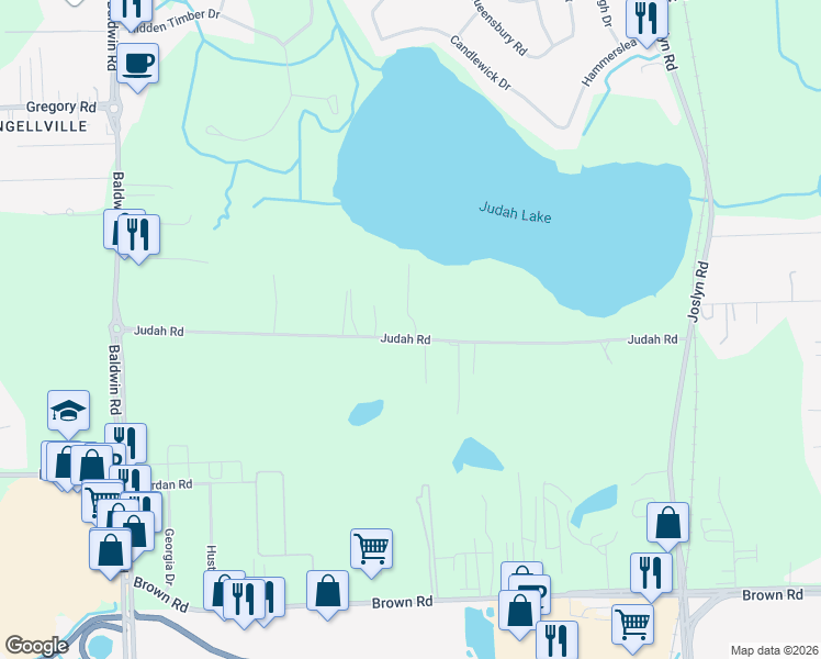 map of restaurants, bars, coffee shops, grocery stores, and more near 2760 Judah Road in Orion charter Township