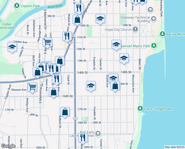 map of restaurants, bars, coffee shops, grocery stores, and more near 1525 Howe Street in Racine