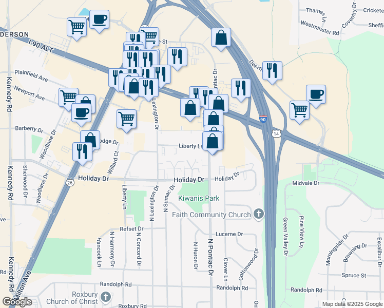 map of restaurants, bars, coffee shops, grocery stores, and more near 2860 Liberty Lane in Janesville