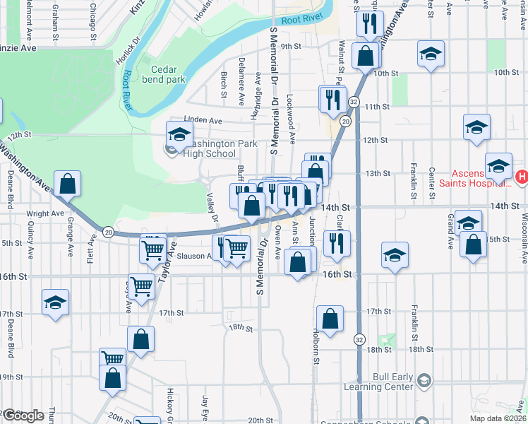 map of restaurants, bars, coffee shops, grocery stores, and more near 1344 South Memorial Drive in Racine