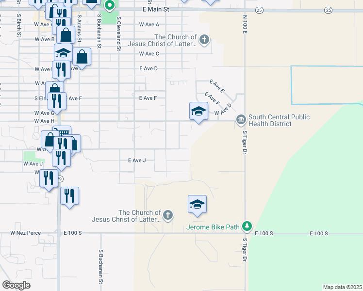 map of restaurants, bars, coffee shops, grocery stores, and more near 726 East Avenue I in Jerome