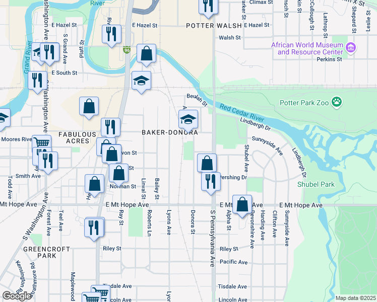 map of restaurants, bars, coffee shops, grocery stores, and more near 1500 Donora Street in Lansing