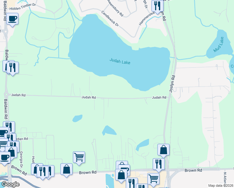 map of restaurants, bars, coffee shops, grocery stores, and more near 2570 Judah Road in Orion charter Township